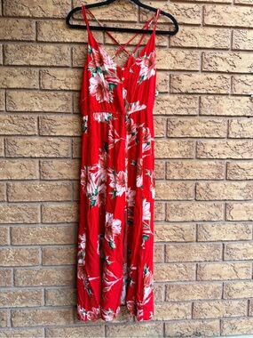 • RUSH Button Front Red Floral Maxi Dress with Strappy Crisscross Back